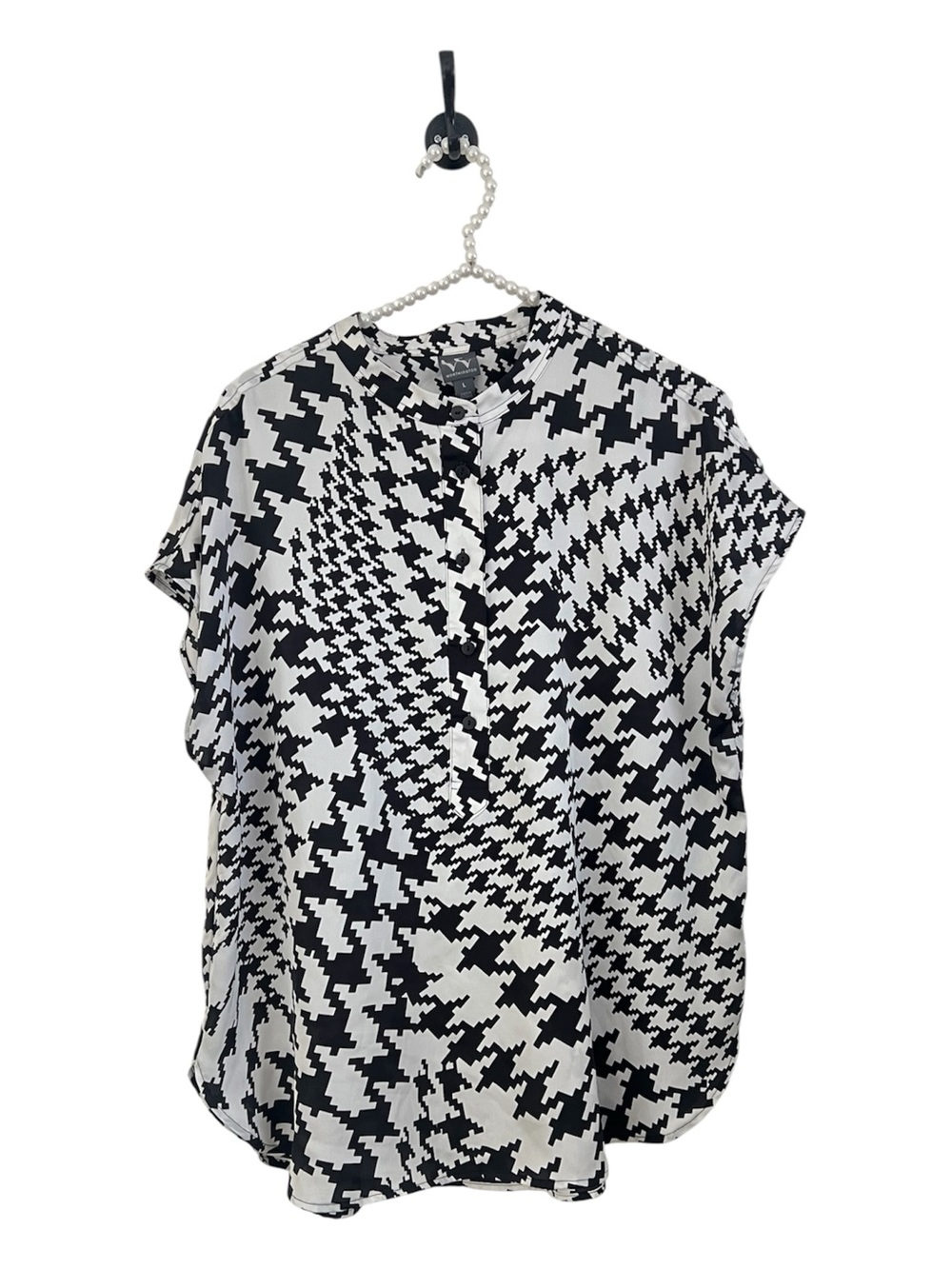 Worthington Womens Black & White Houndstooth Button-Front Blouse Size Large